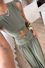 Güneş Tokalı Yırtmaçlı Elbise Haki - Görsel 3