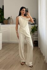 Asimetrik Kayık Yaka Bluz Pantolon Natur