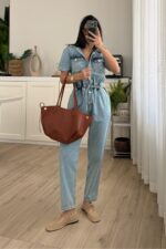 Beli Lastikli Kısa Kollu Denim Tulum