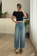 Beli Kemerli Bilek Boy Mavi Jean