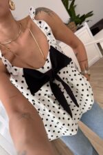 Fiyonk Detaylı Puantiyeli Balon Bluz Beyaz - Görsel 2