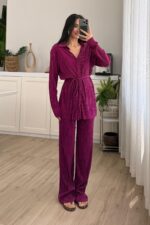 Piliseli Bağlamalı Pantolon Takım Mürdüm