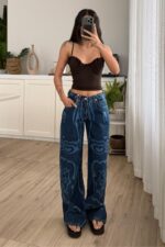 Gr Desenli Baggy Koyu Mavi Jean