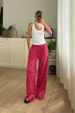 Beli Lastikli Puantiyeli Gofre Pantolon Pembe - Görsel 2