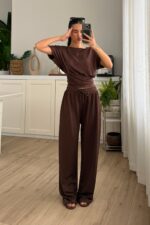Bloom Kayık Yaka Pantolon Takım Kahverengi