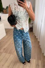 Verev Dikişli Puantiyeli Mavi Jean - Görsel 2