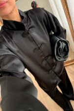 Mandarin Saten Pantolon Takım Siyah - Görsel 3