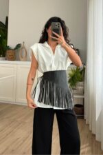 Deri Püskül Kemerli Oversize Gömlek Beyaz