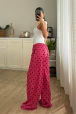 Beli Lastikli Puantiyeli Gofre Pantolon Pembe - Görsel 5