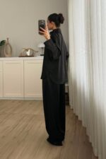 Mandarin Saten Pantolon Takım Siyah - Görsel 4