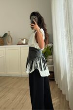 Deri Püskül Kemerli Oversize Gömlek Beyaz - Görsel 3