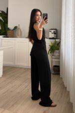 Asimetrik Kayık Yaka Bluz Pantolon Takım Siyah - Görsel 4