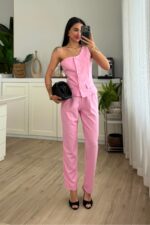 Tek Omuzlu Yelek Pantolon Takım Pembe
