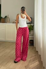 Beli Lastikli Puantiyeli Gofre Pantolon Pembe