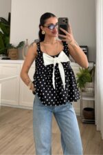 Fiyonk Detaylı Puantiyeli Balon Bluz Siyah