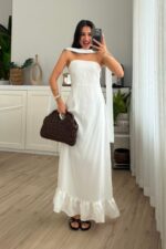 Straplez Eteği fırfırlı Elbise Beyaz