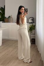 Asimetrik Kayık Yaka Bluz Pantolon Natur - Görsel 4