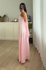 Şal Detaylı Korse Bağlamalı Saten Elbise Pembe - Görsel 4