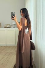 Straplez Eteği fırfırlı Elbise Kahverengi - Görsel 4