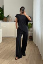 Brn Oversize Asimetrik Tişört Pantolon Takım Siyah