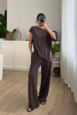 Brn Oversize Asimetrik Tişört Pantolon Takım Kahverengi