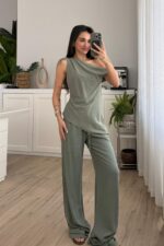 Asimetrik Kayık Yaka Bluz Pantolon Takım Haki