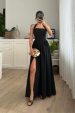 Miss Boyundan Bağlamalı Uzun Elbise Siyah