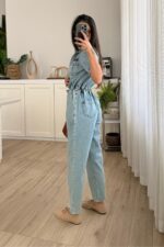 Beli Lastikli Kısa Kollu Denim Tulum - Görsel 4