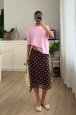 Asimetrik Puantiyeli Tül Etek Kahverengi Pembe
