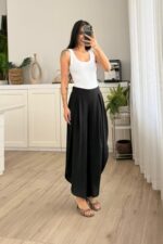 Asimetrik Paça Pileli Pantolon Siyah