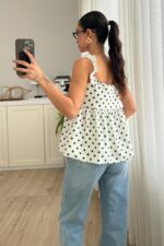 Fiyonk Detaylı Puantiyeli Balon Bluz Beyaz - Görsel 3