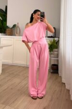 Bloom Kayık Yaka Pantolon Takım Pembe