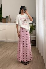 Puantiyeli Midi Saten Etek Pembe