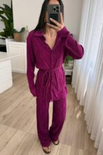 Piliseli Bağlamalı Pantolon Takım Mürdüm - Görsel 2