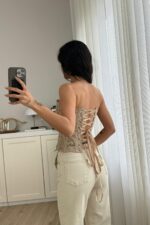 Korse Bağcıklı Bolenli Bluz Bej - Görsel 3