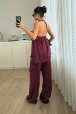 Kontrast Çizgili Pantolon Takım Bordo - Görsel 3
