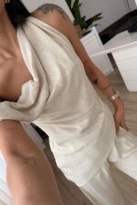 Asimetrik Kayık Yaka Bluz Pantolon Natur - Görsel 3