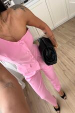 Tek Omuzlu Yelek Pantolon Takım Pembe - Görsel 3