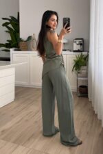Asimetrik Kayık Yaka Bluz Pantolon Takım Haki - Görsel 4
