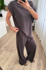 Brn Oversize Asimetrik Tişört Pantolon Takım Kahverengi - Görsel 3