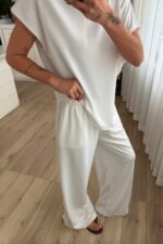 Brn Oversize Asimetrik Tişört Pantolon Takım Beyaz - Görsel 3