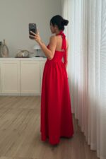 Miss Boyundan Bağlamalı Uzun Elbise Kırmızı - Görsel 4