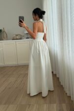 Miss Boyundan Bağlamalı Uzun Elbise Beyaz - Görsel 4