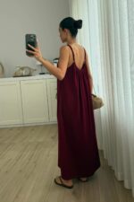 Askısı Ayarlanabilir Geniş Modal Elbise Bordo - Görsel 3