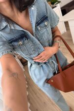 Beli Lastikli Kısa Kollu Denim Tulum - Görsel 3