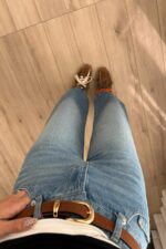 Beli Kemerli Bilek Boy Mavi Jean - Görsel 3