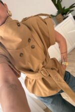 Kısa Kollu Dik Yaka Trenç Camel - Görsel 2