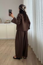 Mariel Mandarin Keten Takım Kahverengi - Görsel 4
