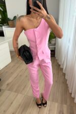 Tek Omuzlu Yelek Pantolon Takım Pembe - Görsel 2