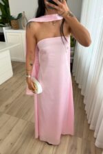 Şal Detaylı Korse Bağlamalı Saten Elbise Pembe - Görsel 2